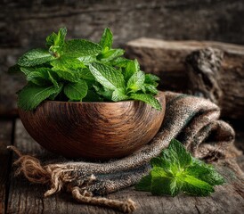 Fresh mint in a wooden bowl