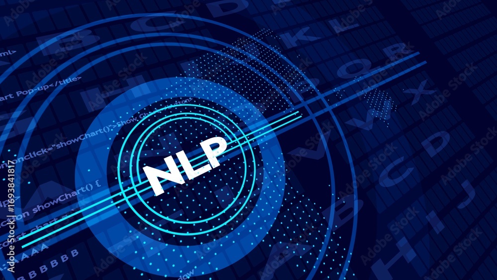 Poster white nlp acronym in glowing blue concentric circles on dark blue digital background with code and l