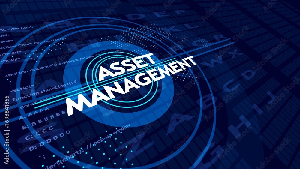 Aufkleber digital asset management concept with glowing blue concentric circles and code snippets on dark blue