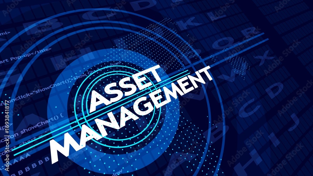 Poster digital asset management concept with glowing blue circles and code snippets technology finance