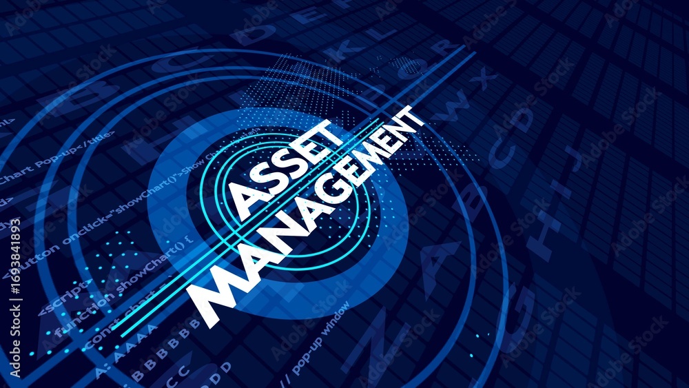 Poster digital asset management concept with blue glowing circles and code elements technology finance
