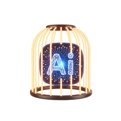 AI technology trapped in a cage, symbolizing limitations, control, and the future of artificial intelligence