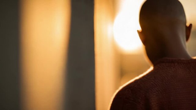 Portrait of a man with a beard in warm golden-hour light, leaning against a wall and looking toward the camera.