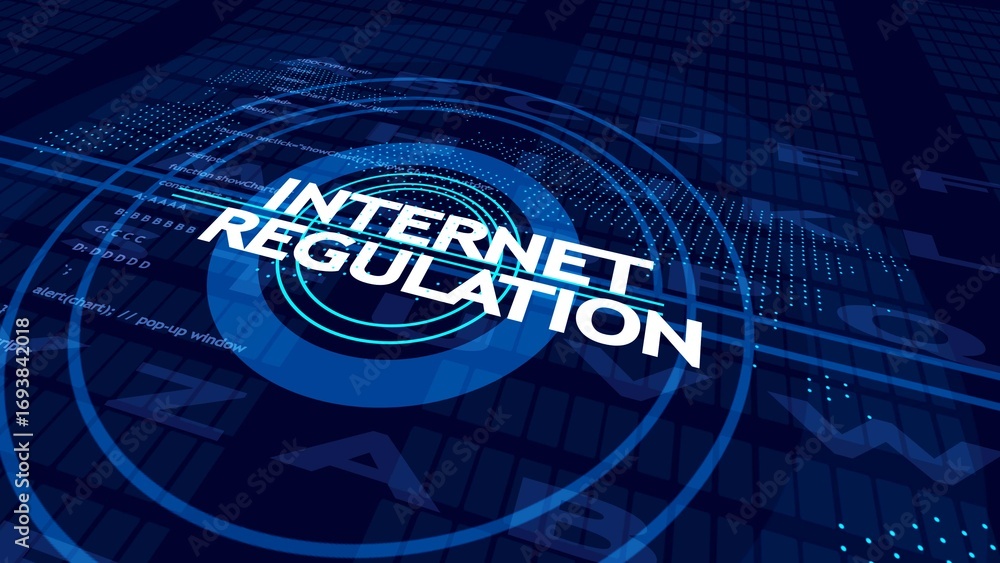Aufkleber internet regulation text on a digital blue background with code and data elements technology