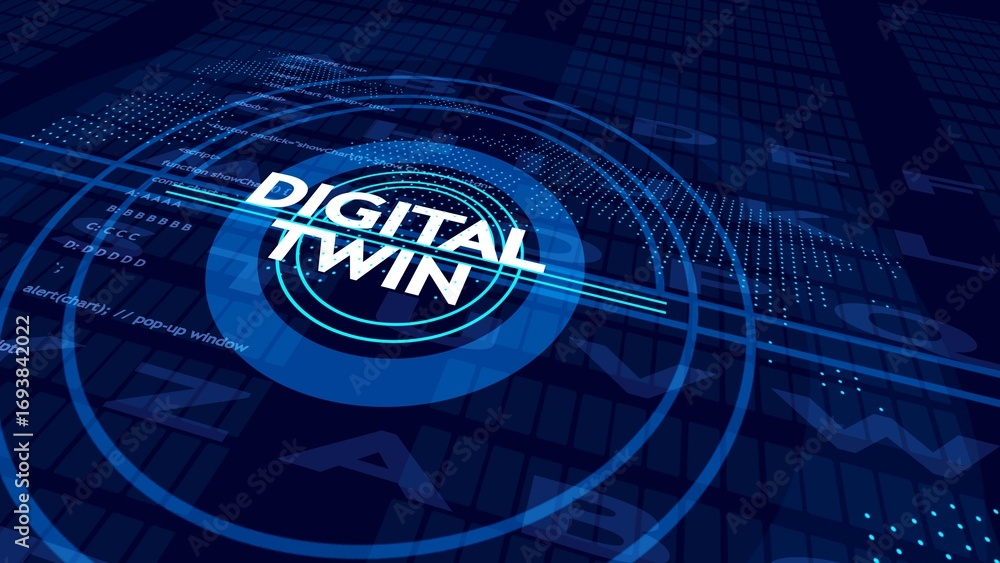 Aufkleber digital twin text with blue concentric circles and abstract data grid background technology