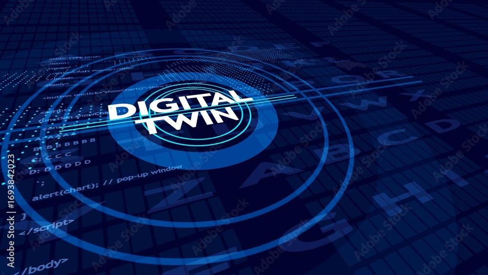 Poster digital twin technology concept with glowing blue concentric circles and code futuristic data
