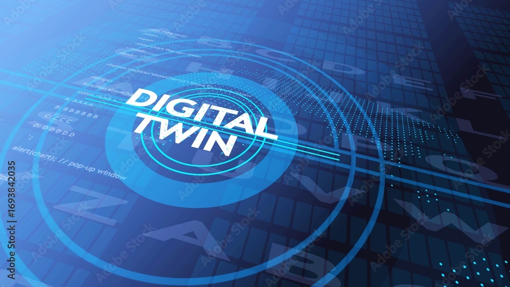 Aufkleber digital twin technology concept with glowing blue circles and code snippets on a dark blue grid back