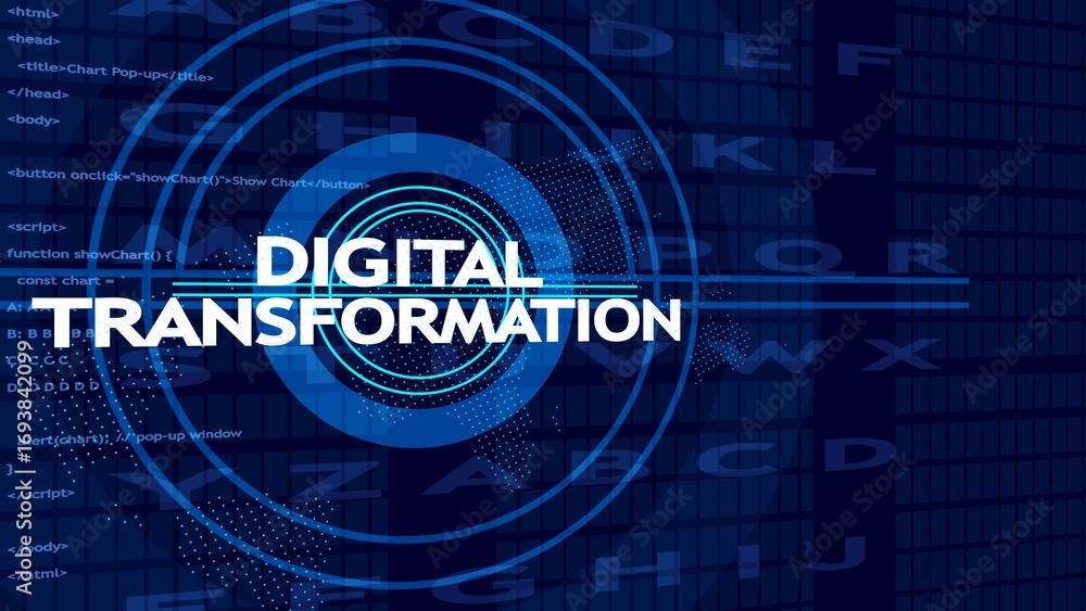Aufkleber digital transformation text with blue concentric circles and code background technology innovation