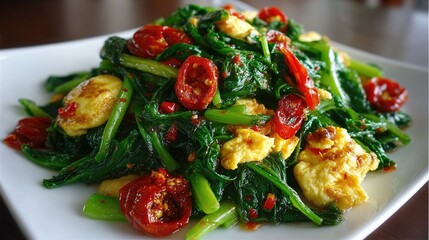 Stir-fried greens with egg and tomatoes