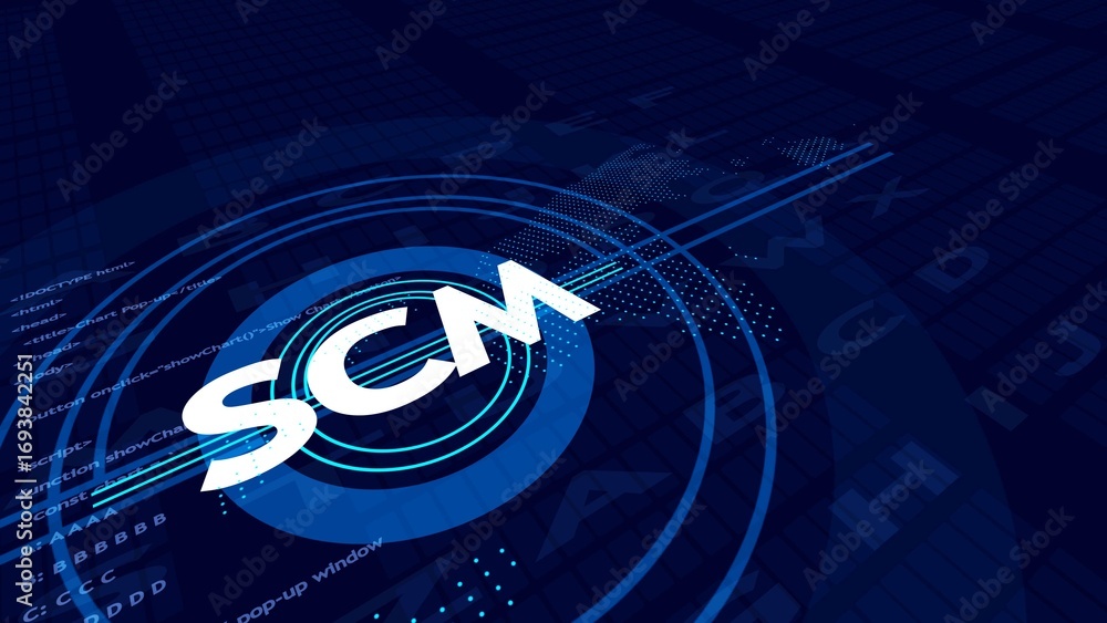 Poster white scm acronym on blue digital background with code and letters technology data