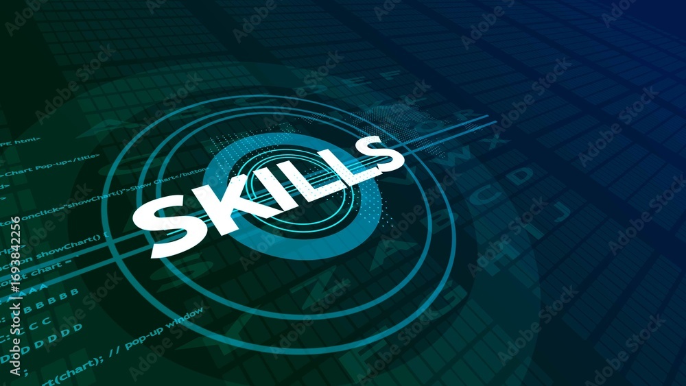 Poster white word skils centered in glowing blue concentric circles on a dark green and blue digital backgr