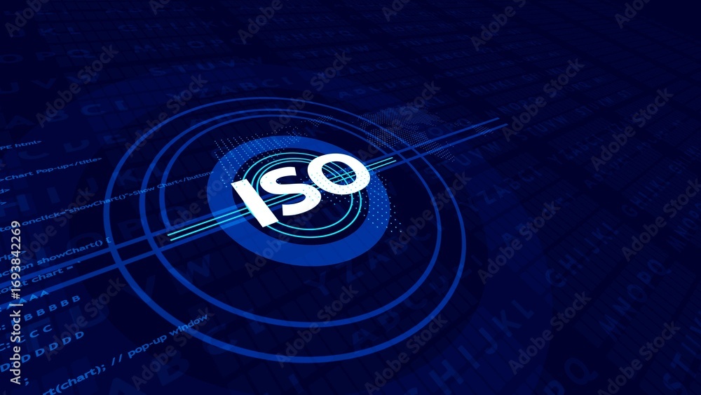 Poster white iso logo on a dark blue digital background with code and circular graphics symbol internationa
