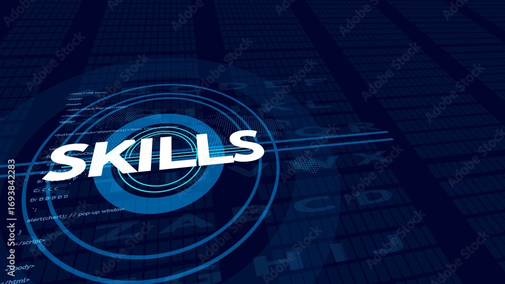 Aufkleber white text skils on blue digital background with code and letters skills word