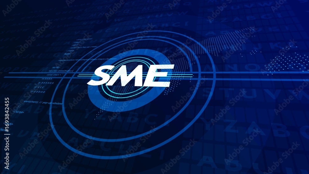 Aufkleber white sme acronym centered within blue concentric circles on a dark blue digital background with cod