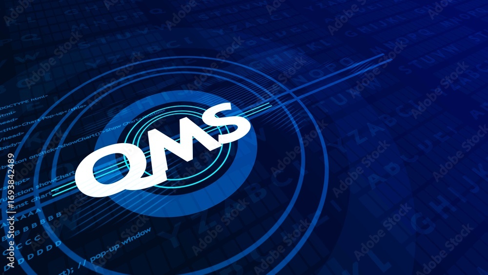 Aufkleber white qms acronym on blue digital background with concentric circles and code snippets management sy