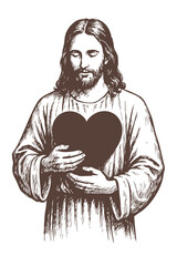 Jesus holding a heart close to his chest with a compassionate expression, symbol of love and mercy