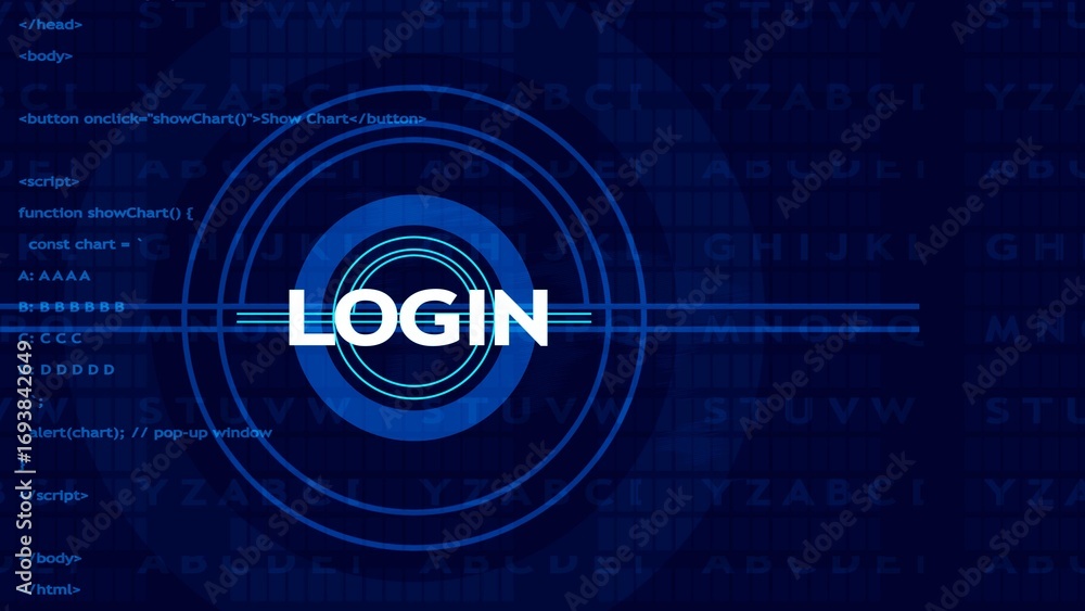 Poster white login text inside blue digital concentric circles on a dark blue background with code and lett