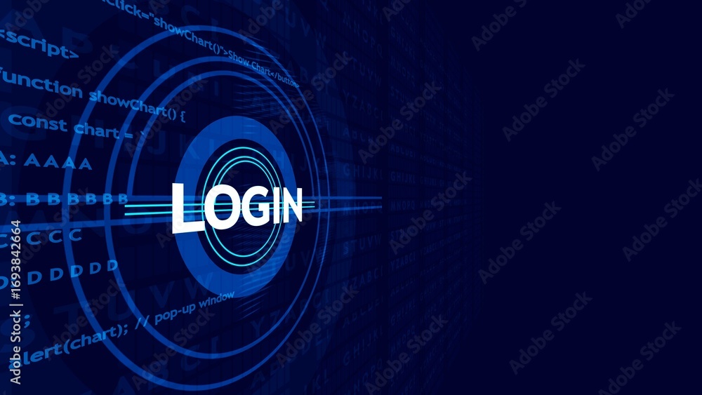 Aufkleber digital login screen with glowing blue concentric circles and code technology computer