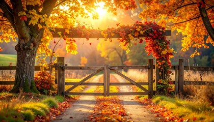 Autumn country scene with autumn decor, leaf, branch, gate