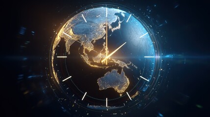 Global Time Clock Earth Rotating Planet Showing World Map Night Lights Futuristic Technology Concept