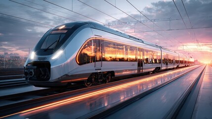Fototapeta premium Modern High Speed Train Traveling at Sunset Cityscape Background Rail Transport Innovation