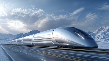 Futuristic High Speed Train Traveling Through Snowy Mountains Landscape A Modern Sleek Design in a Winter Scenery