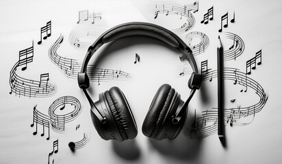 Conceptual image of professional audio headphones resting on a musical score with notes and a pencil, evoking creativity and sound design
