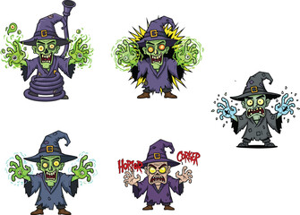 Cartoon zombie witches casting magic spells, Halloween fantasy illustration with glowing hands, spooky characters in wizard hats for horror design.
