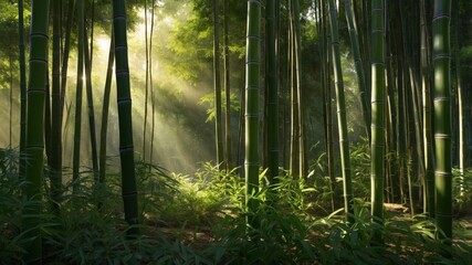 Naklejka premium Serene bamboo forest bathed in soft sunlight, showcasing lush greenery and tranquil atmosphere