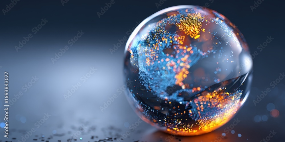 Poster digital globe earth in glass sphere shows global network connections and data visualization