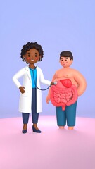 Cartoon doctor examining a patient with visible digestive system