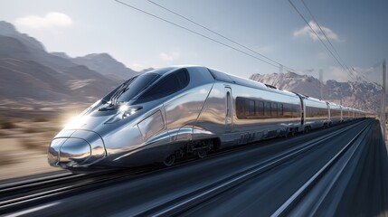 Fototapeta premium Sleek silver high speed train speeding through a desert landscape near majestic mountains under a bright sunny sky