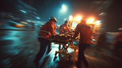 Emergency Medical Technicians Rapidly Transporting Patient on Stretcher at Night