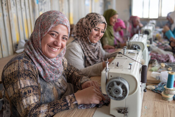 A sewing workshop where refugee women stitch clothes using donated machines Smiles and teamwork fill the space