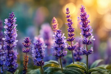 Fototapeta premium Purple flowers bathed in golden sunlight