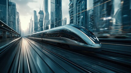 Fototapeta premium Futuristic High Speed Train Traveling Through a Modern Cityscape at Dawn