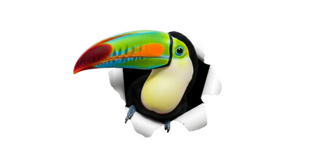 Naklejka premium Vibrant toucan bursts through paper wall, a colorful splash of tropical wildlife adventure