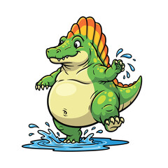 Cute chubby green cartoon Spinosaurus dinosaur splashing happily in a water puddle.