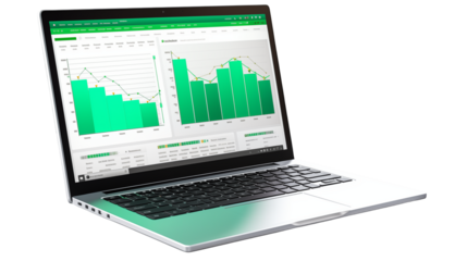 Modern laptop displays vibrant green financial charts and data analytics for business growth insights