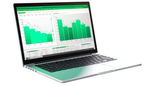 Modern laptop displays vibrant green financial charts and data analytics for business growth insights