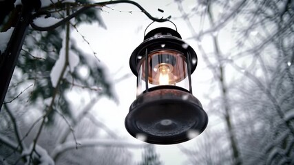 A warm glowing vintage lantern hangs from a decorative metal hook amidst a serene, blurred winter wonderland with delicate falling snowflakes and snow-laden tree branches, evoking a calm and magical e - Powered by Adobe