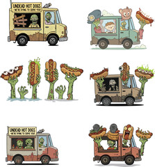 Zombie hot dog trucks cartoon, undead food illustration, spooky street food, creepy vendors, Halloween humor, funny monsters, horror snack concept. © UMME