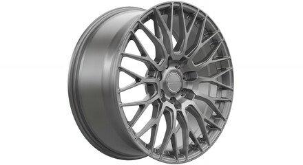 Obraz premium Sleek modern alloy wheel design with intricate spokes, perfect for automotive customization and performance upgrades.