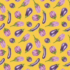 Pattern featuring various eggplants against a vibrant yellow background in a creative and artistic design