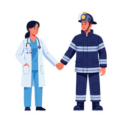 Female doctor and male firefighter holding hands representing essential workers and first responders.