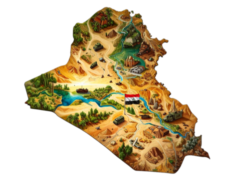 Highly Detailed Iran Map Watercolor  Style with National Flag PNG. 