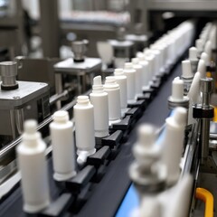 Obraz premium White plastic bottles on a conveyor belt through automated machinery