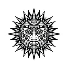 Fototapeta premium Intricate black and white tribal sun god with a fierce Aztecstyle face and sharp rays.