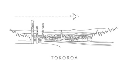 Obraz premium Tokoroa Cityscape Outline with Airplane Black White Illustration.