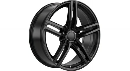 Obraz premium Sleek matte black alloy wheel with modern five-spoke design offers stylish automotive upgrade